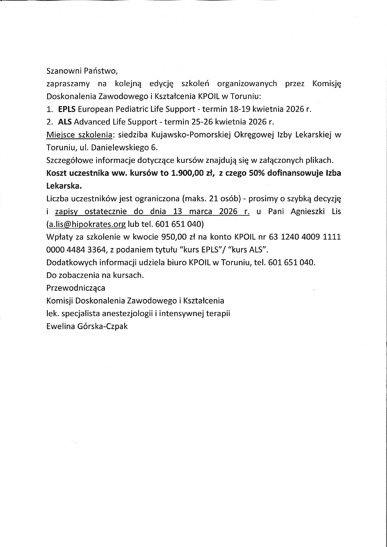 Zaproszenie na kursy EPLS i ALS